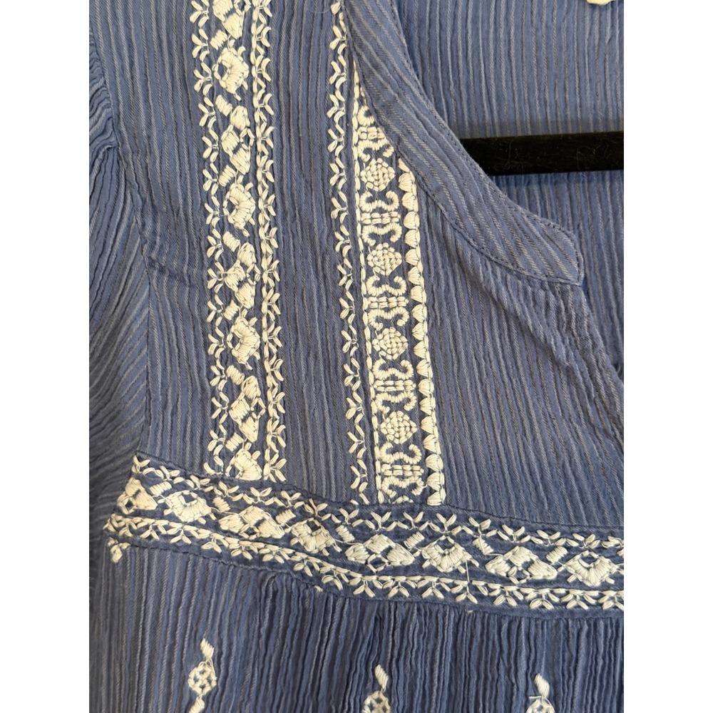 Lucky Brand Embroidered Peasant Top Blue L Womens Popover Boho Gauze Blouse - Picture 10 of 14